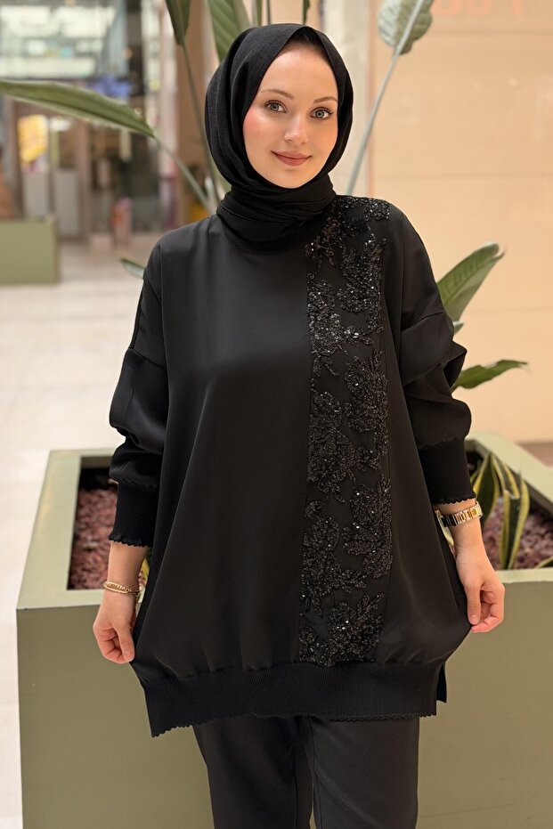 Fuat Gürşen Side Sequin Embroidered Mercerized Combination Tunic