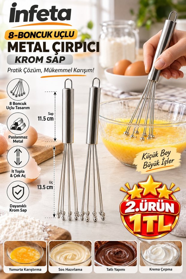 8 Bead-Tipped Metal Whisk with Chrome Handle Adjustable Egg Sauce Mixer 25 cm