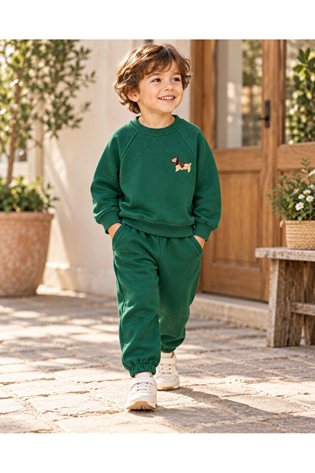 Boy's Dark Green Cute Embroidered Sweatshirt and Sweatpants Set
