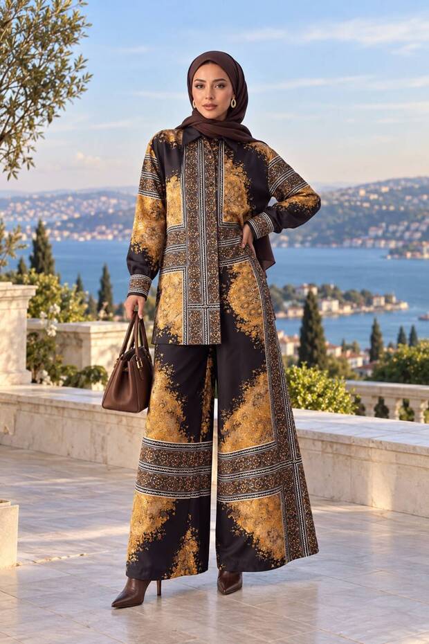 Floral Patterned Linen Hijab Double Set (Shirt & Pants) - 25040