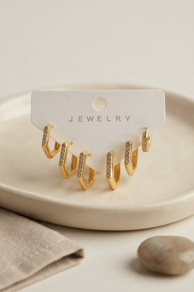Gold Color Zircon Stone Brass Honeycomb Model Women's Earring Set -
