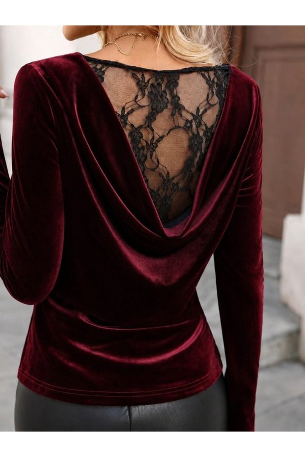 Women's Burgundy Long Sleeve Velvet Blouse with Lace Detail on the Back and Degaje Backless Design