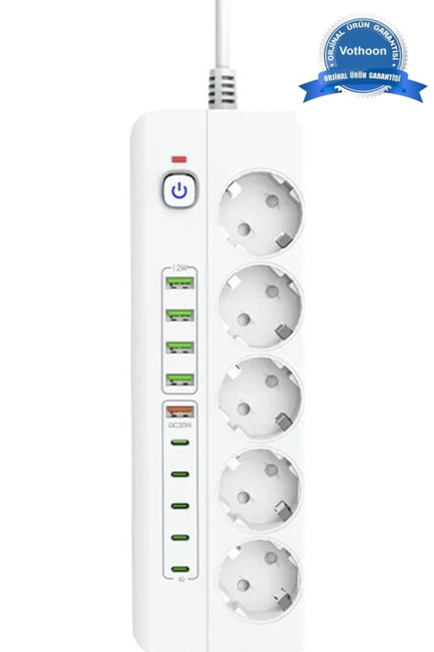 3500W Surge Protected 5-Outlet Power Strip: 5X USB + 5X Type-C Outputs (2 Meters)