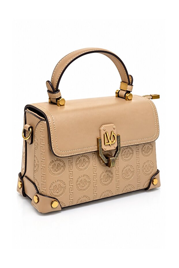 Mink Monogram Printed Stylish Design Women's Hand and Shoulder Bag with Lock and Logo Detail