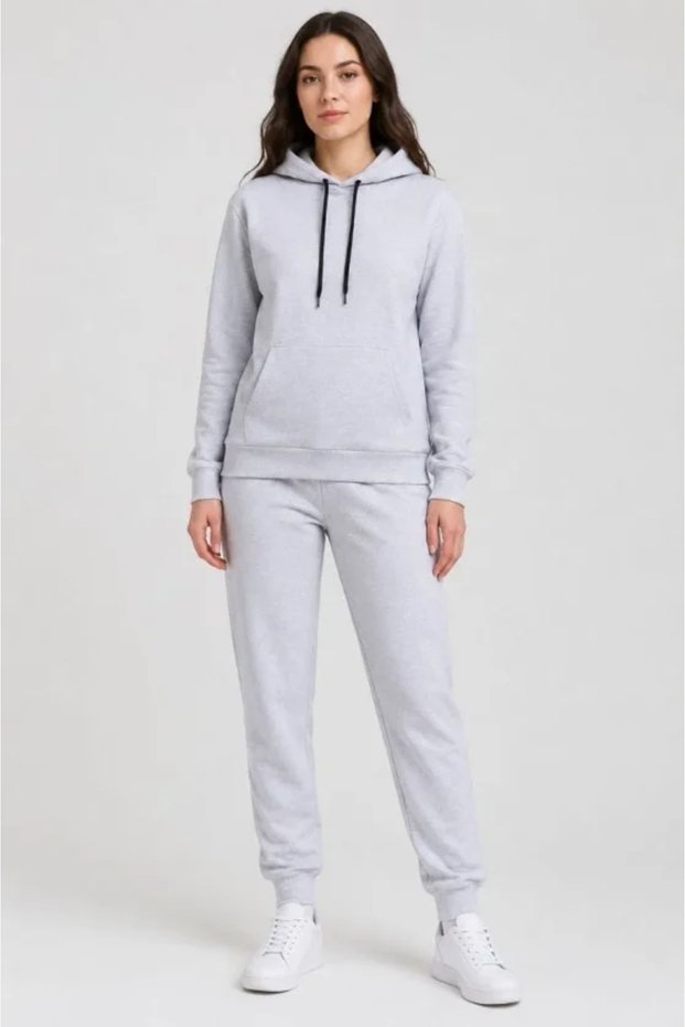 Two-Thread Hooded Jogger Tracksuit Set with Kangaroo Pockets - White