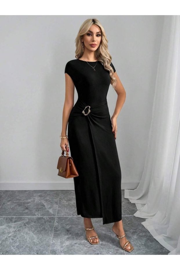 Women's Half Moon Sleeve Round Neck Front Buckle Detail Modal Maxi Dress