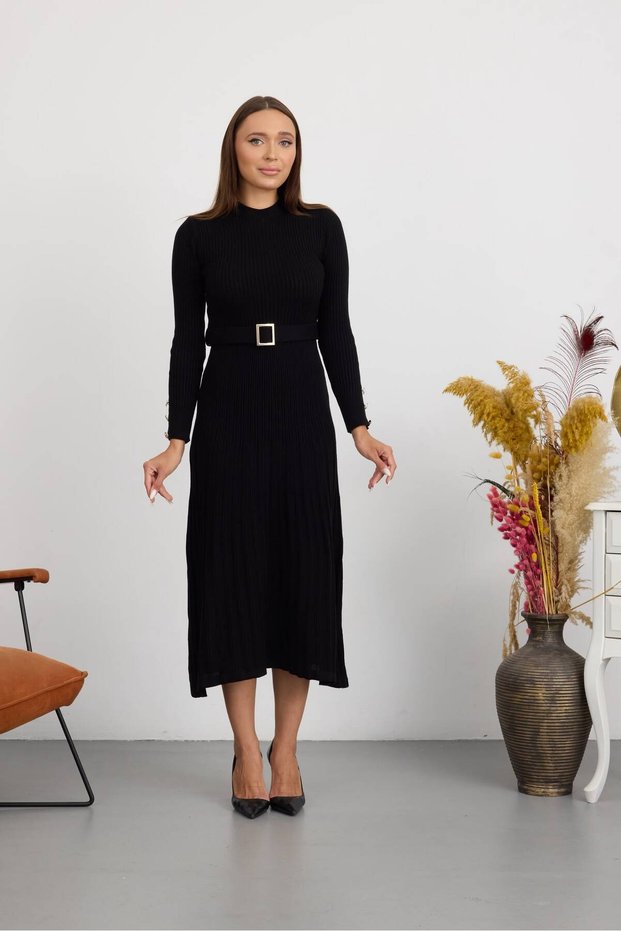 Women's Knitwear Ribbed Belted Crew Neck Long Sleeve Dress