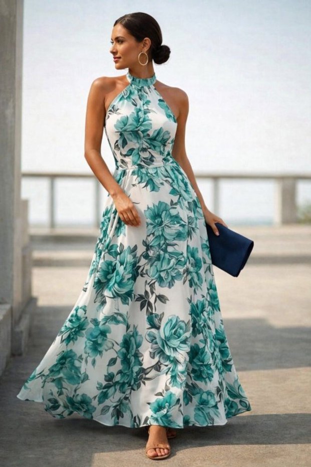 Women's Off the Shoulders Patterned Long Single Jersey Dress