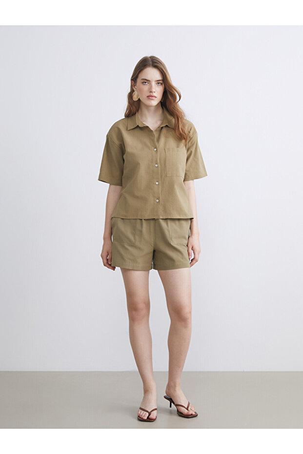 Two Mt Shop Quality Lcw Vision Khaki Elastic Waist Linen Blend Women's Shorts