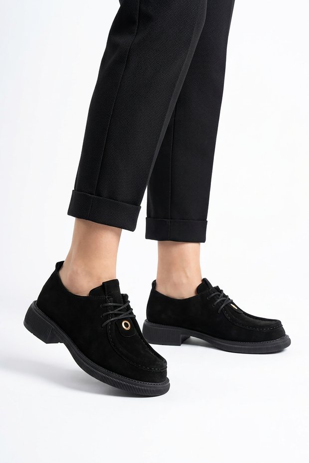 Komes Front Buckle Detailed Rubber Sole Women's Genuine Leather Shoes Black Suede