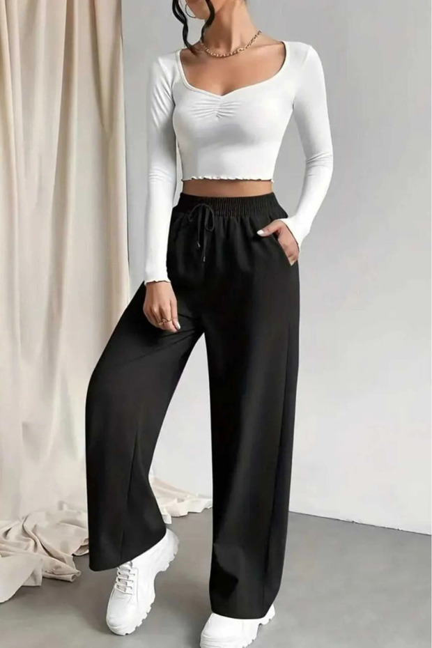 Women's Transitional Wide-Leg High-Waist Black Sweatpants