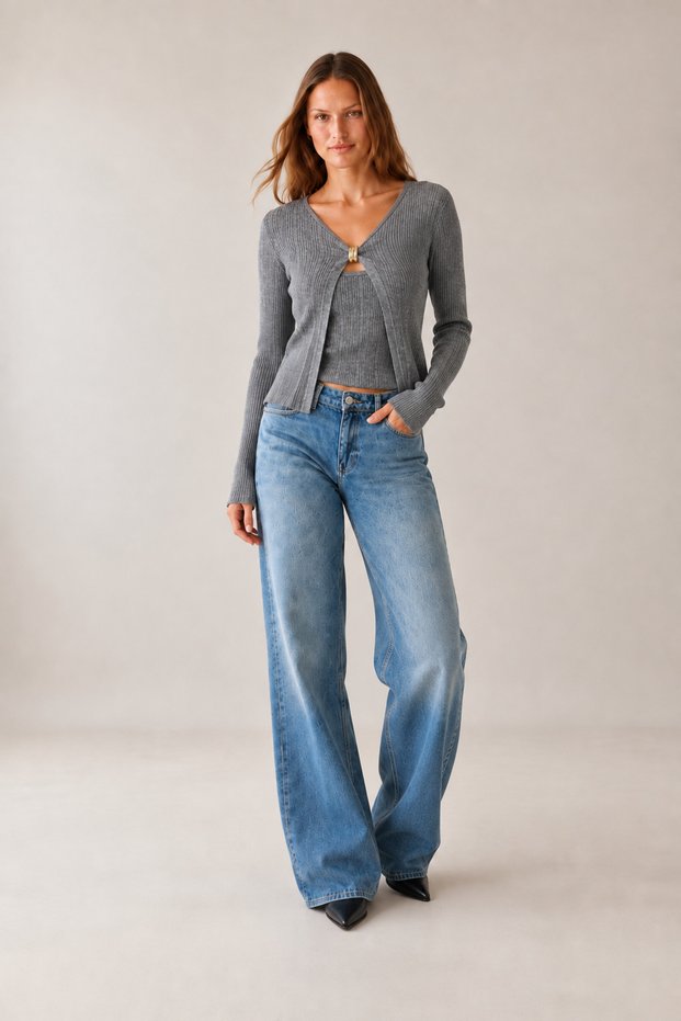 Women's Gray Cardigan with Accessory Detail - Blouse Knitwear Set