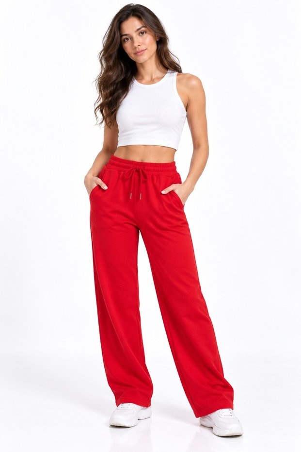 Women's Palazzo Cut Combed Cotton Sweatpants Wide Leg High Waist Daily Comfortable Brown Black Red Khaki