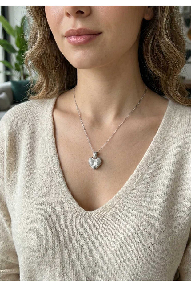 316L Steel Chain Silver Color Zircon Stone Heart Women's Necklace