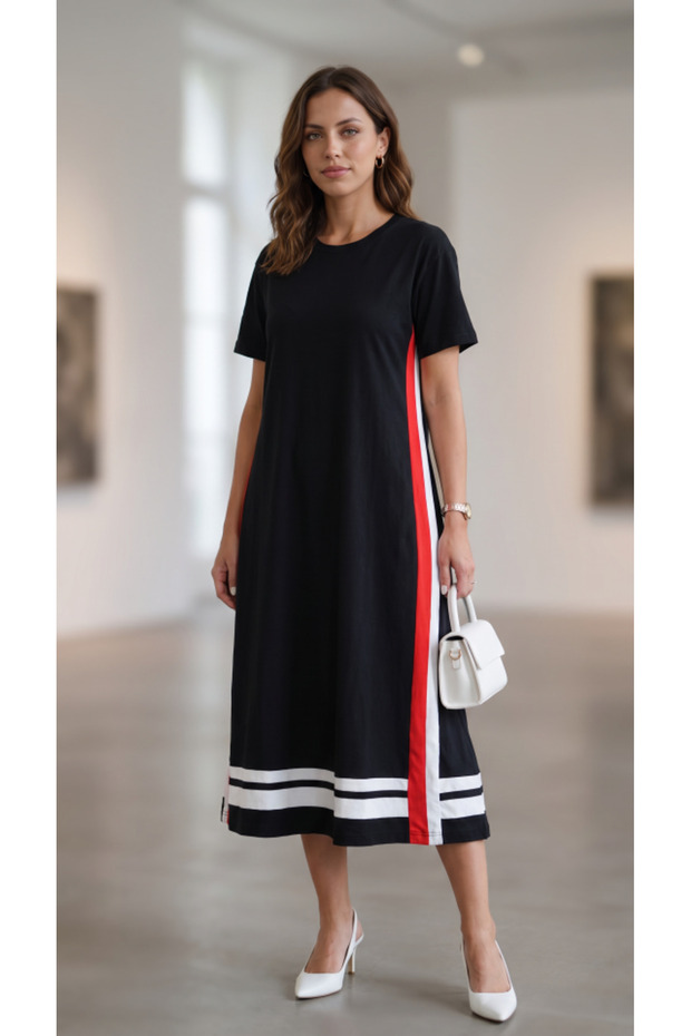 Women's Short Sleeve Crew Neck Side Stripe Detailed Midi Viscose Dress