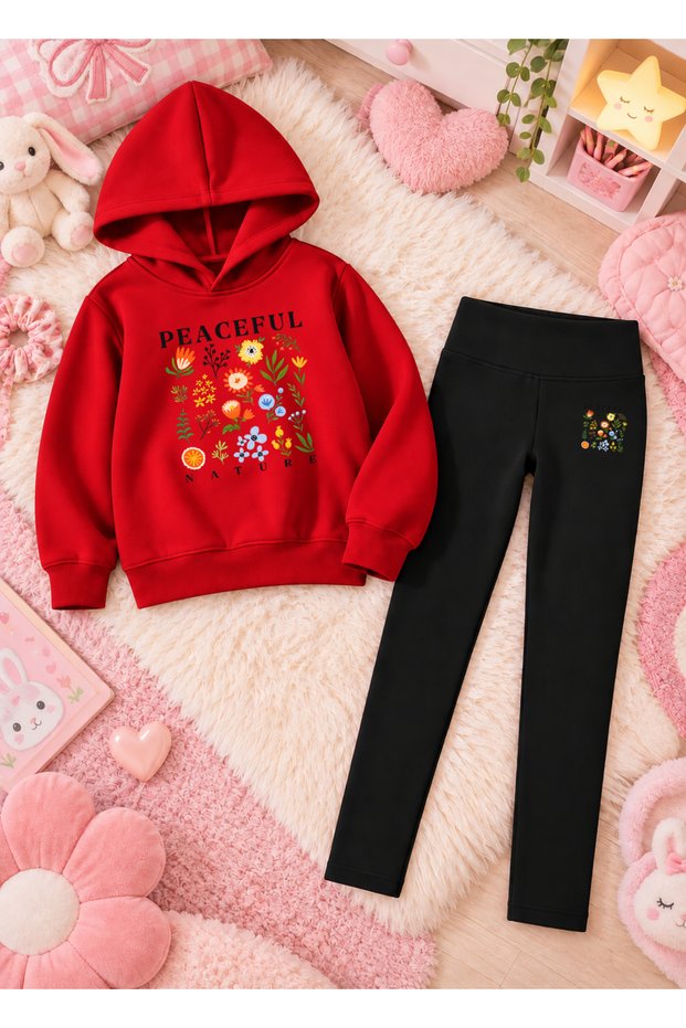 Hooded Sweatshirt Tight Leggings Set Girls' 2-Piece Printed Top and Bottom Set