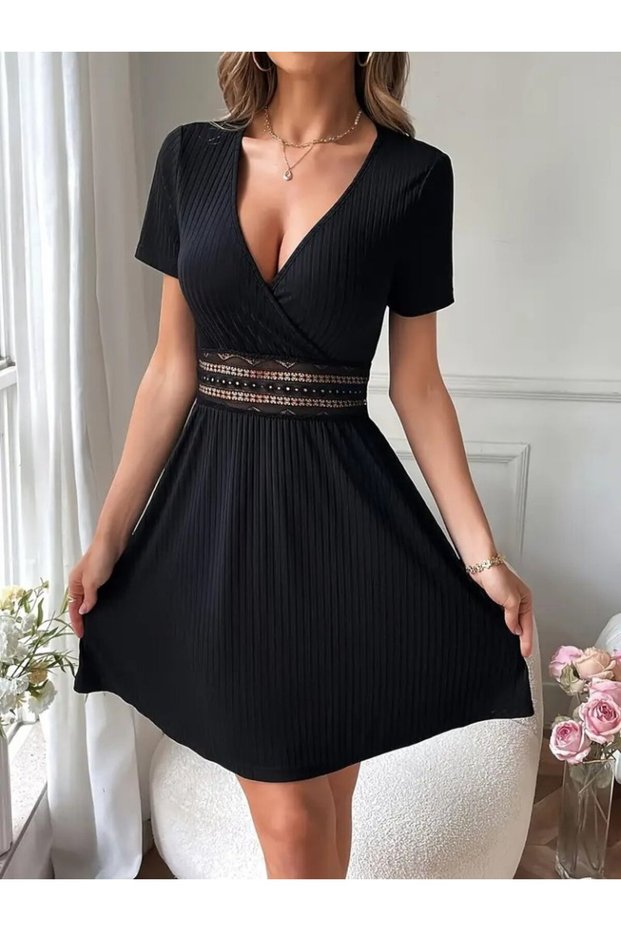 Women's Black Short Sleeve Double Breasted V-Neck Waist Lace Detailed Ribbed Camisole Mini Dress