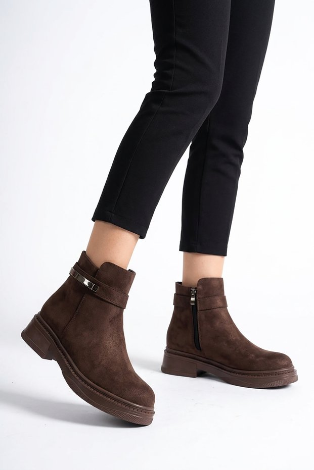 Nertes women's classic everyday boots with side buckle - coffee suede