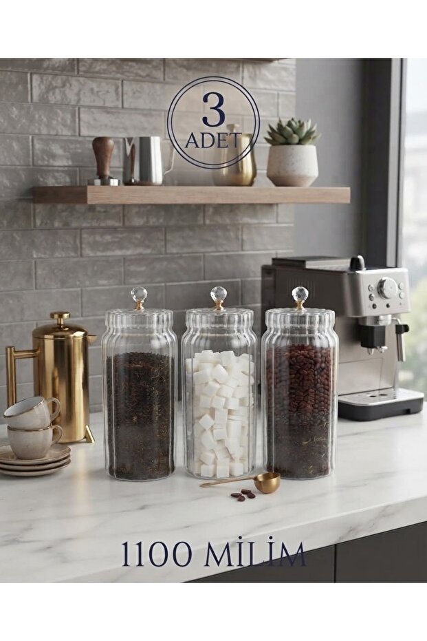 Luxury Glass Jar Set of 3 1100 ml | Crystal Gold Detailed Covered Tea Coffee Beans Storage Container Kitchen Organizer