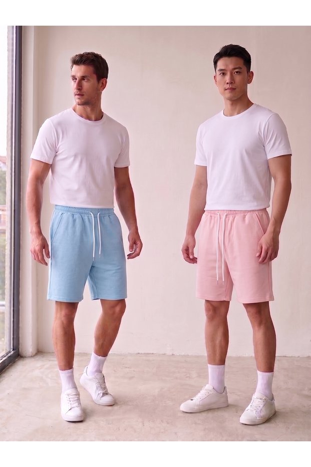 Makiteks Blue Pink Double Comfortable Cut Elastic Waist Pocketed Combed Cotton Shorts Daily Basic Regenerated Sweat Bermuda