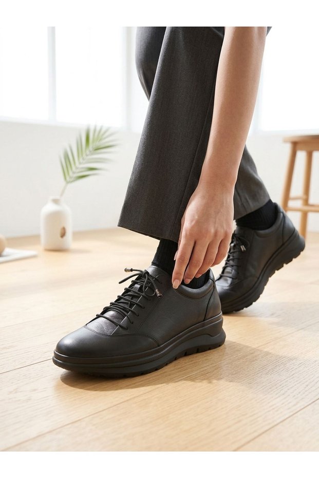 Women's Genuine Leather Black Comfort Shoes - Casual Shoes with Rubber Laces