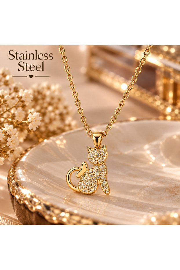 Gold Color Zircon Stone Cat Figure Steel Necklace