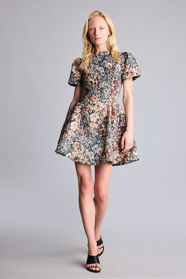 Crew Neck Floral Pattern Jacquard Short Sleeve Mini Dress I8738Ax26Au