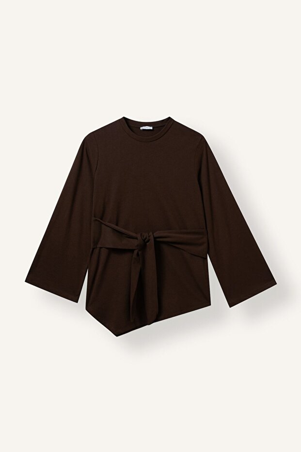 Regular Fit Crew Neck Belted Asymmetric Long Sleeve Basic T-Shirt I6261Ax26Au