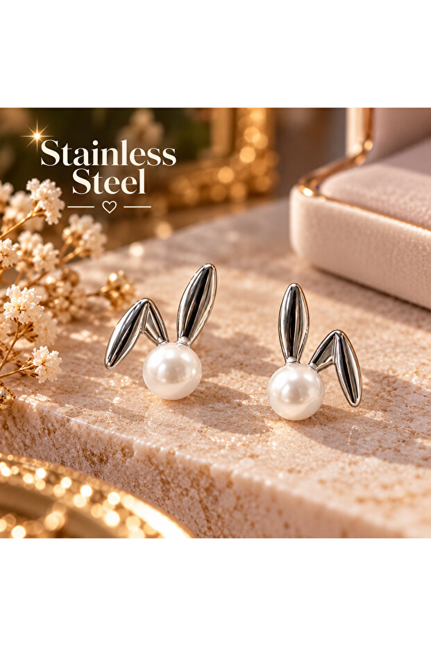 Silver Color Rabbit Ear Design Zircon Stone Steel Earrings
