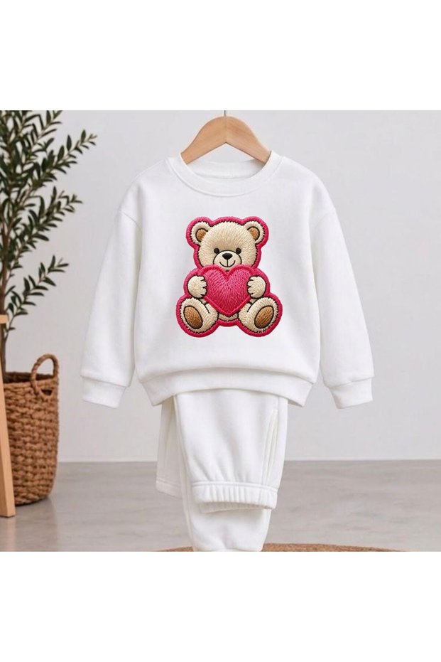 Team Sweatshirt Heart Bear Knitted Printed Girls Boys Crew Neck