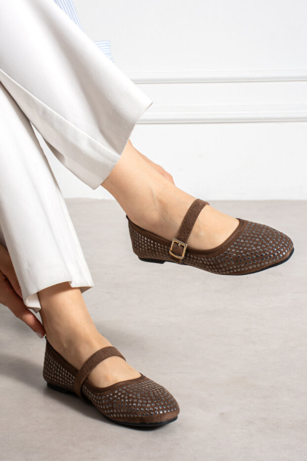 Brown Women's Stylish Daily Ballerina Shoes with Stone Ankle Strap