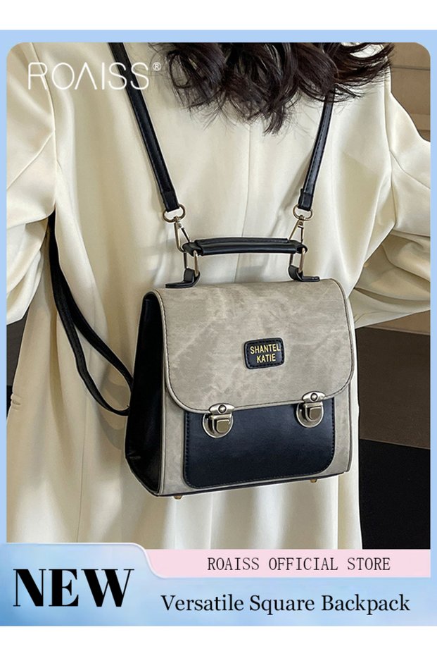 Retro PU Leather Backpack for Women Waterproof Wear Resistant Exquisite Sewing Thread Fashion School