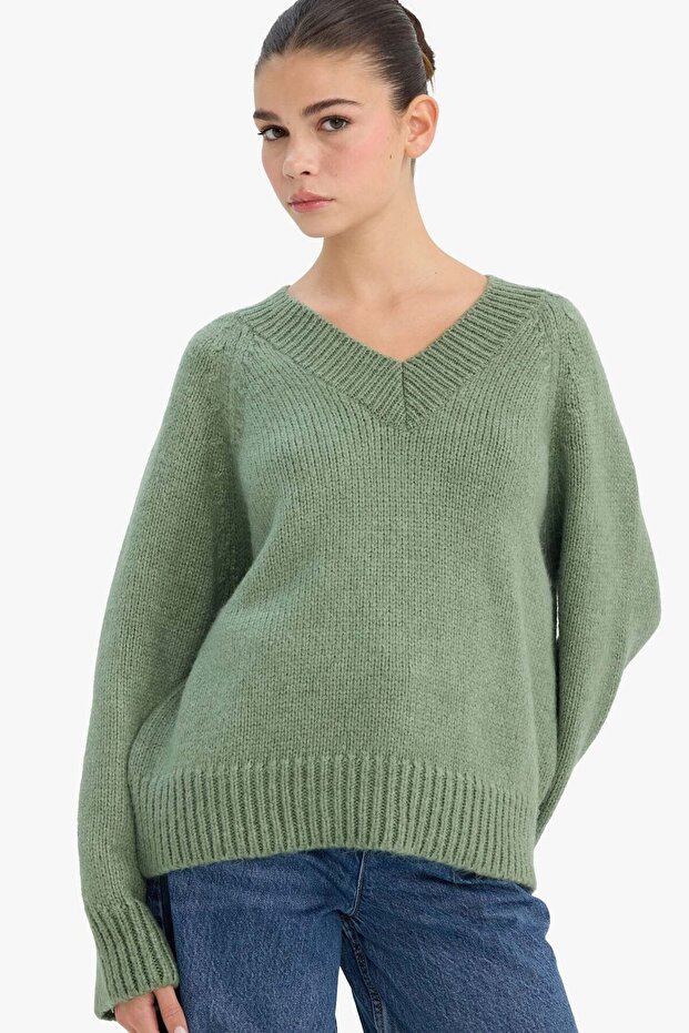 Oversize V-Neck Knitwear Basic Sweater A3264Ax25Wn