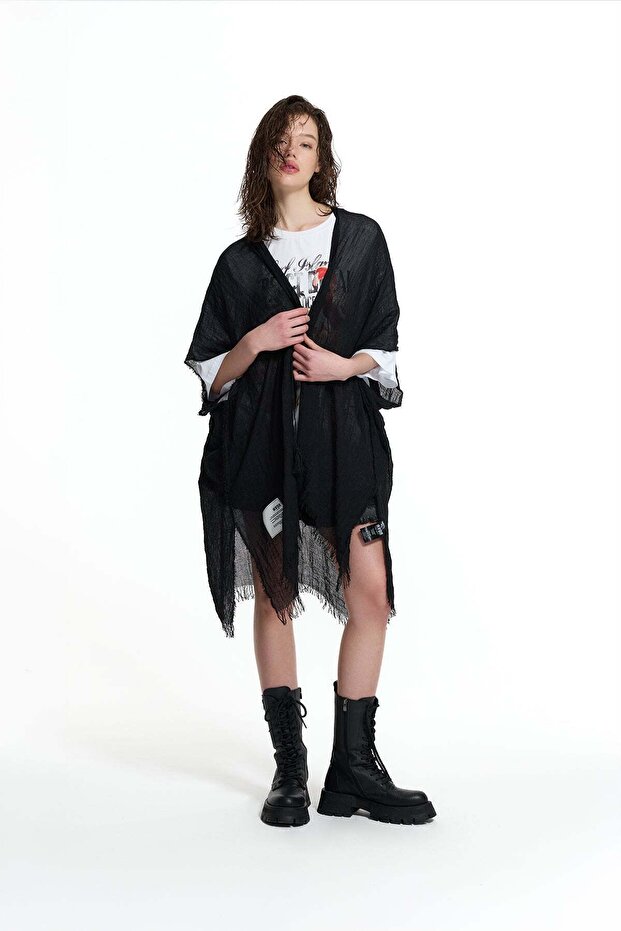 Black V-Neck Tie-Up Tassel Pareo 19214