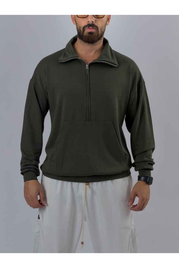 Zippered Polo Collar Khaki Men's Sweatshirt Coc3522
