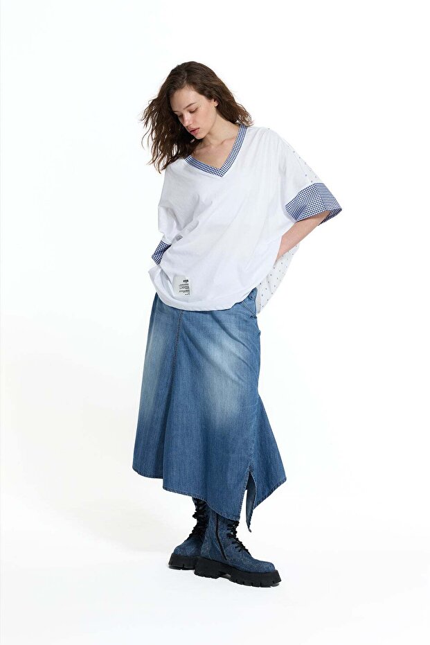 Blue Asymmetrical Slit Detailed Long Denim Skirt 19052