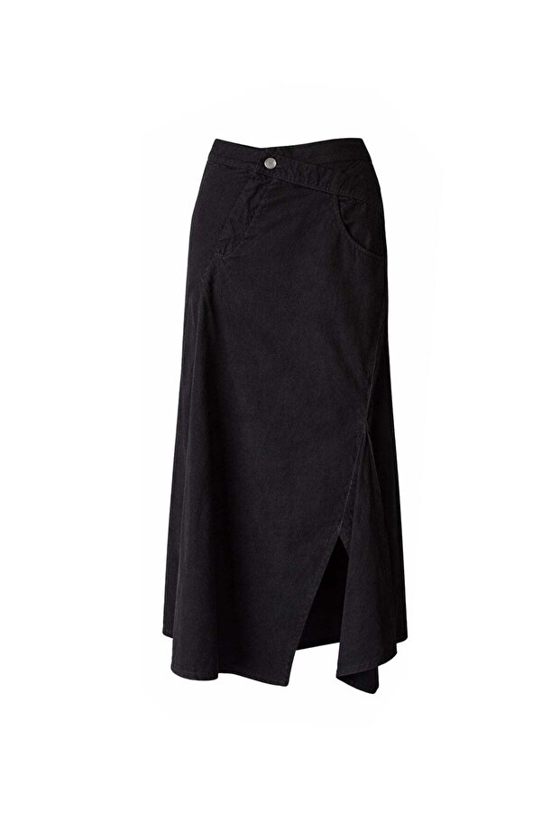 Black Asymmetrical Slit Detailed Long Skirt 19051