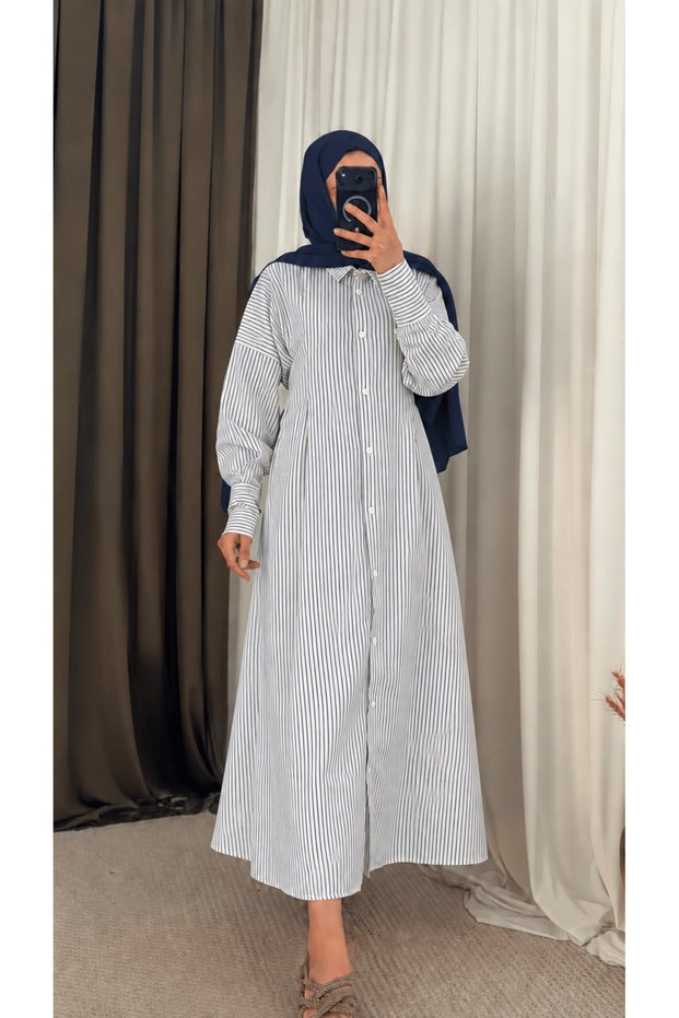 Slim Striped Dress with Front Ruffle Detail - White & Navy Blue