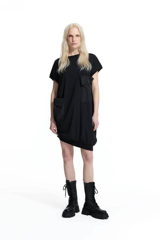 Black Asymmetrical Dress with Pocket Detail 19144