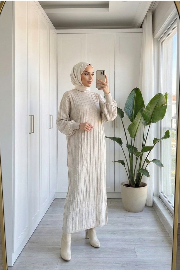 Women's Ribbed Balloon Sleeve Long Knitwear Dress 130 cm