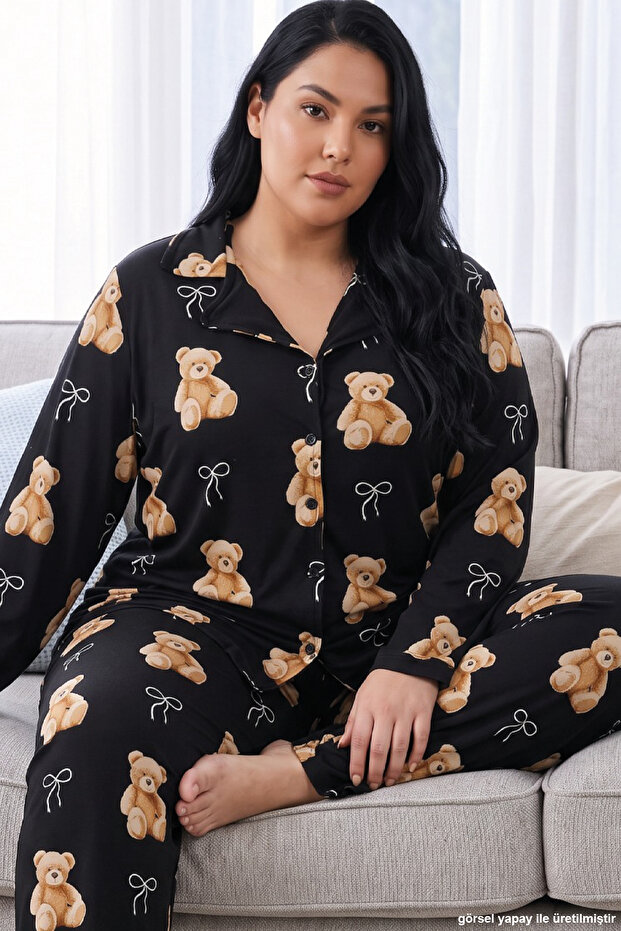 Black Teddy Bear Patterned Thermal Fabric Ultra Soft Plus Size Oversized Buttoned Knitted Pajama Set