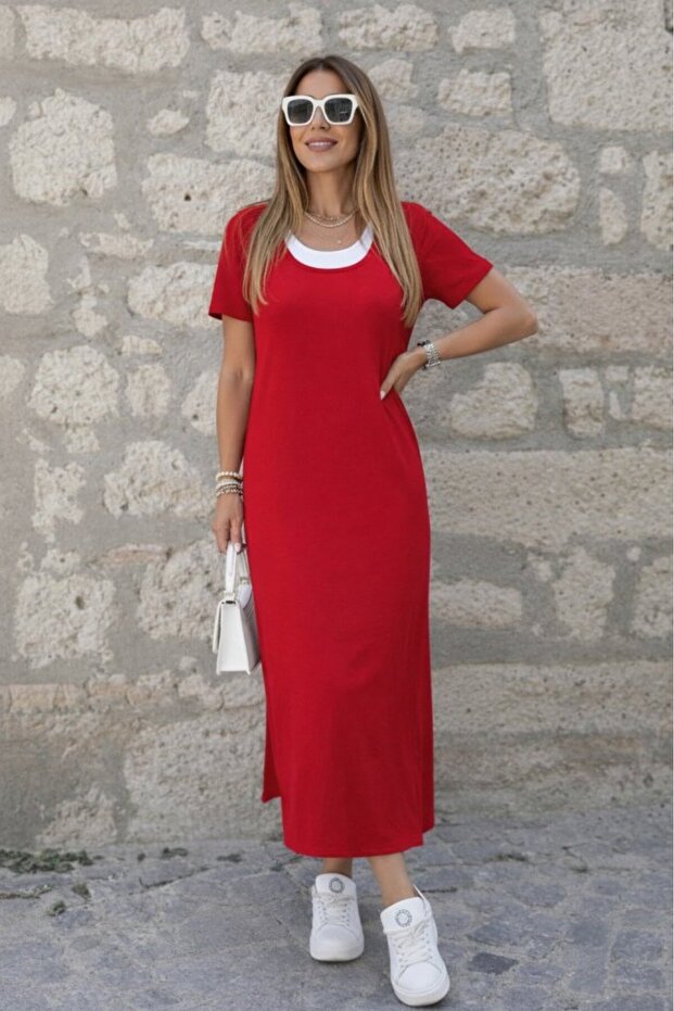 Women's Short Sleeve Athlete-Looking Side Slit Long Viscose Dress