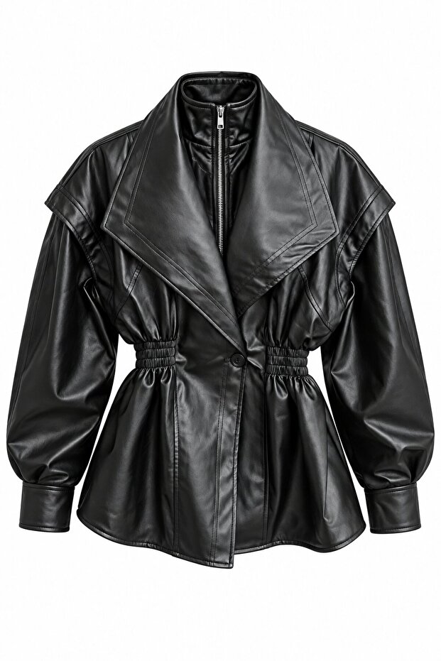 Black Leather Jacket with Elastic Waist Detail - 5165