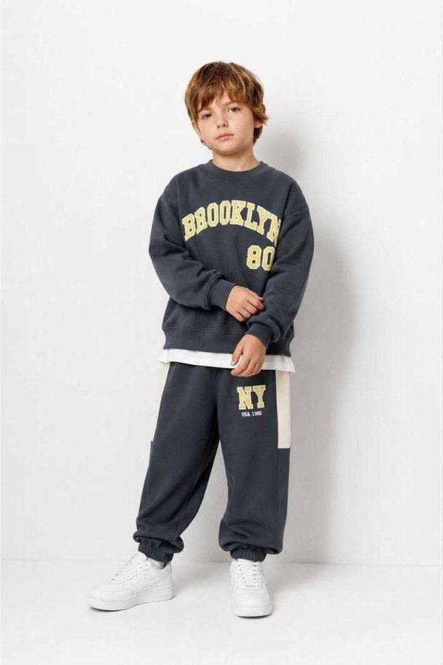 Boy's Brooklyn Printed Smoked Tracksuit Set Oversize Sweatshirt Jogger Bottom 2-Piece Set