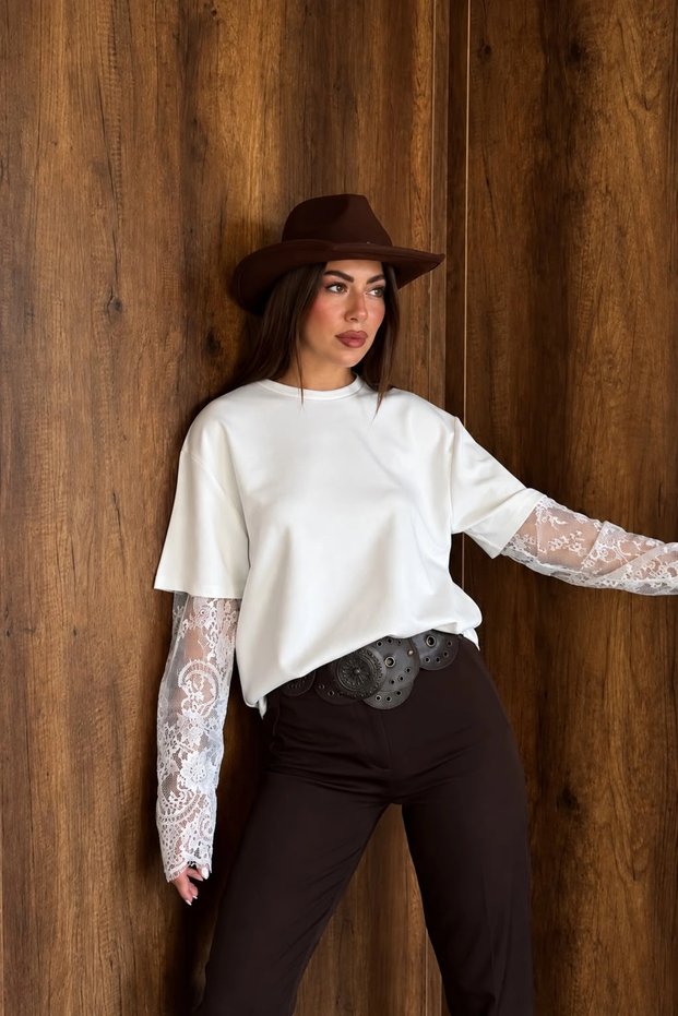 Women's White Viral Sleeve Lace Detail T-Shirt 9277