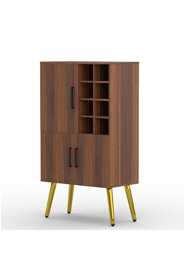 Home Bar Cabinet with Liquor Bottle Rack Wooden Storage Cabinet with 8 Bottle Storage Open Compartments Ideal for Home Bar, Living Room - Dark Hunton Oak
