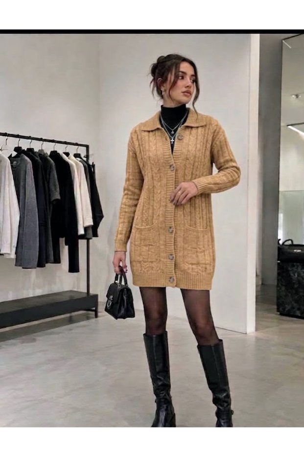 Women's Shirt Collar Buttoned Pocket Long Knitwear Cardigan Soft Texture