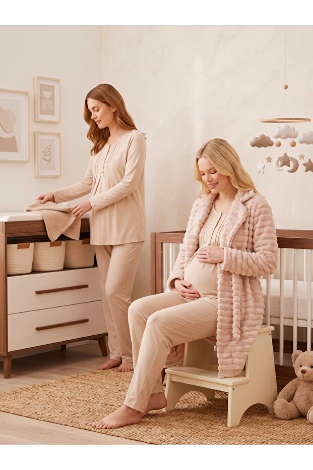 New Season Beige Shawl Collar Winter Plush Dressing Gown Button Detailed Design Long Sleeve Maternity Pajama Set
