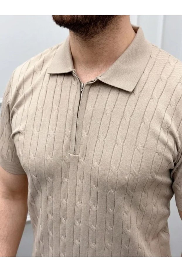 Men's Summer Knitwear Hair Knit T-Shirt Short Sleeve Polo Collar Zippered T-Shirt - Beige