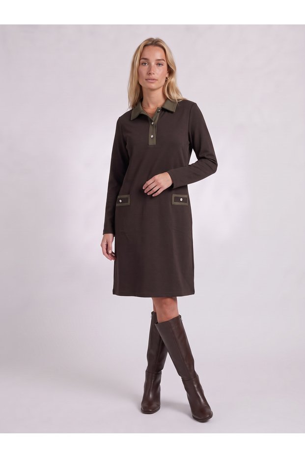 Women's Brown Khaki Detailed Buttoned Collar Pocket Steel Fabric Dress